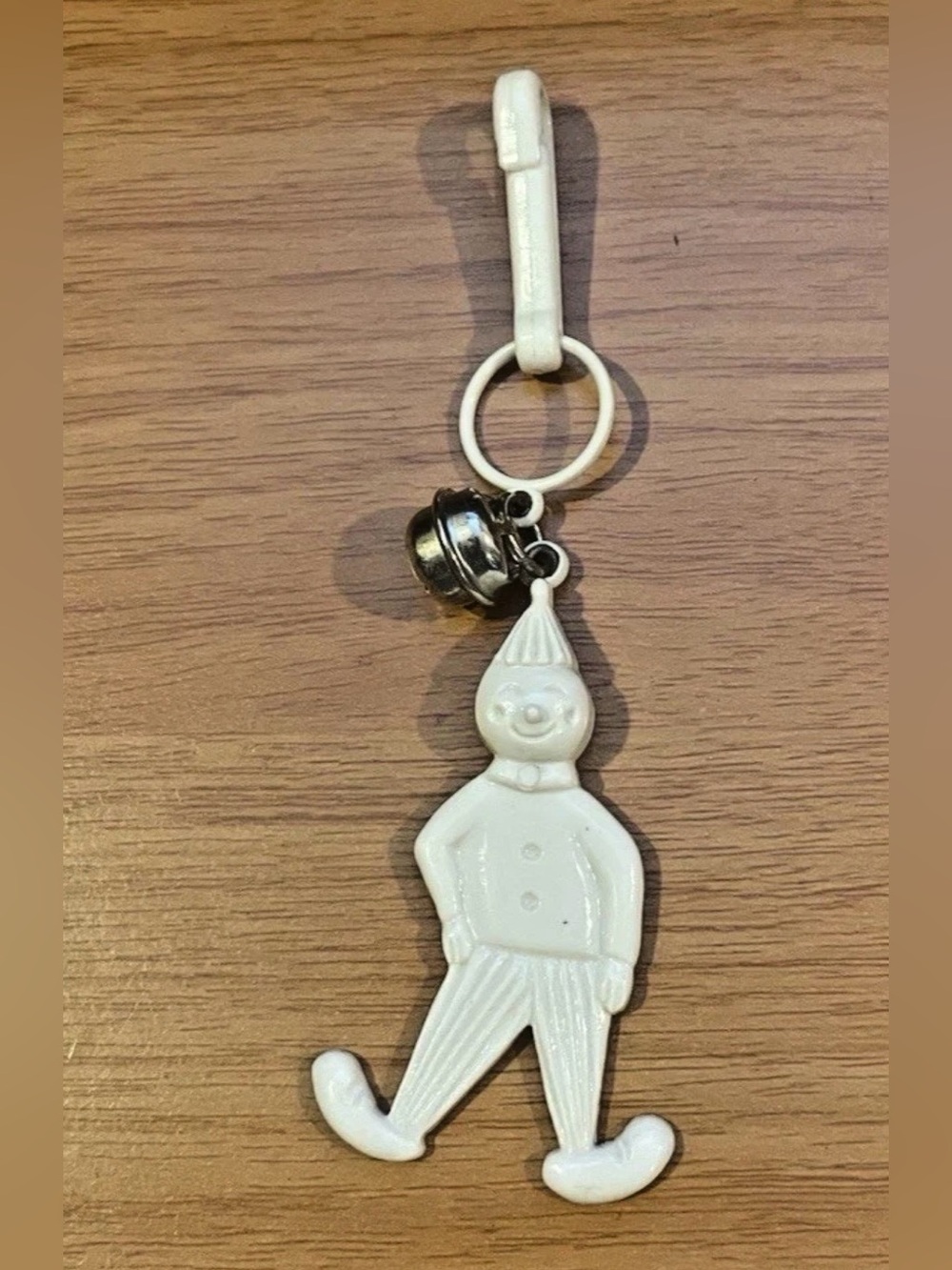 Vintage 1980s Plastic Bell Charm White Clown 80s Clip On Necklace